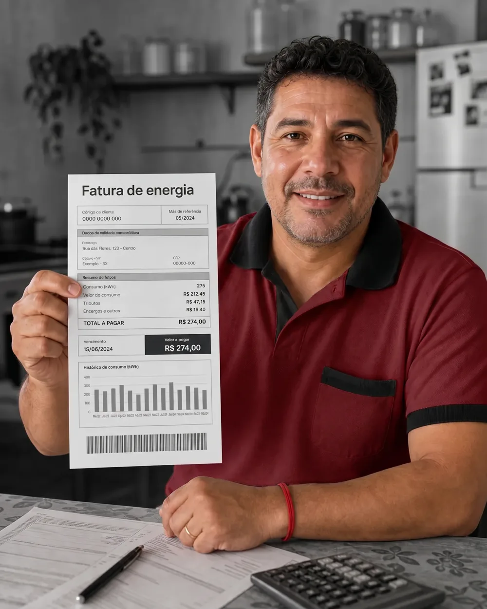 Cliente mostrando a fatura de energia para simular empréstimo